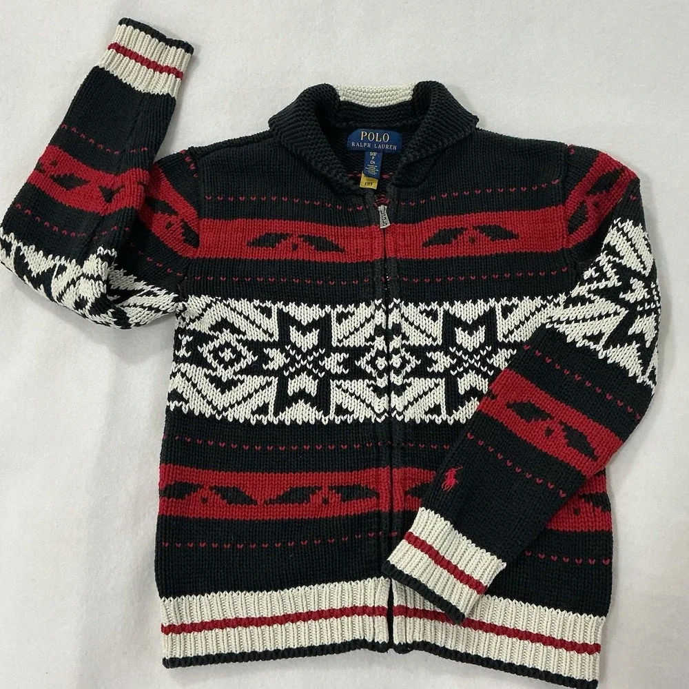 Polo Ralph Lauren Boys 8 Fair Isle Cotton Wool Full Zip Fish Sweater Nordic Ski